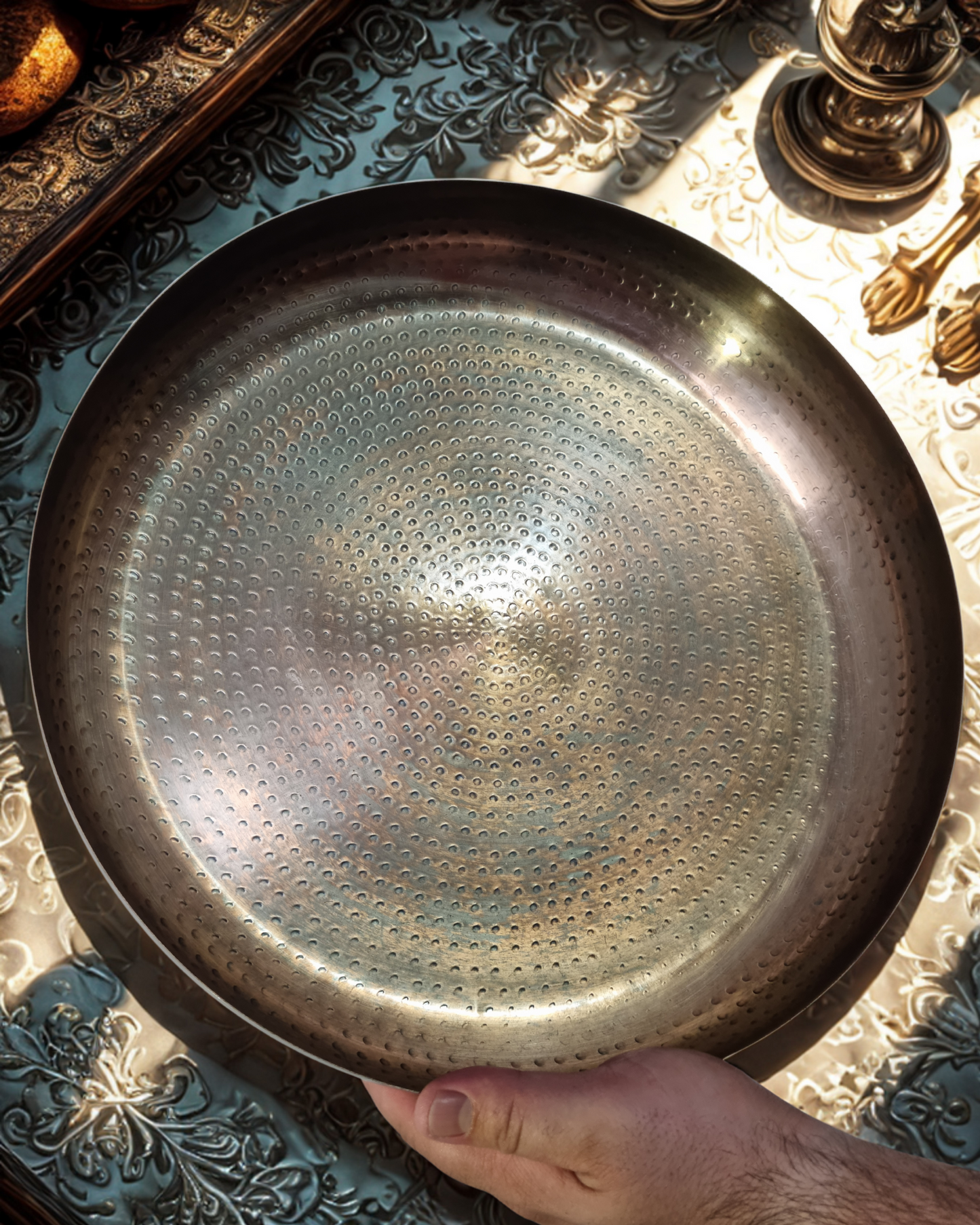 Bandeja Decorativa Aluminio Dorado Cobre Martillada 36.5x6,5