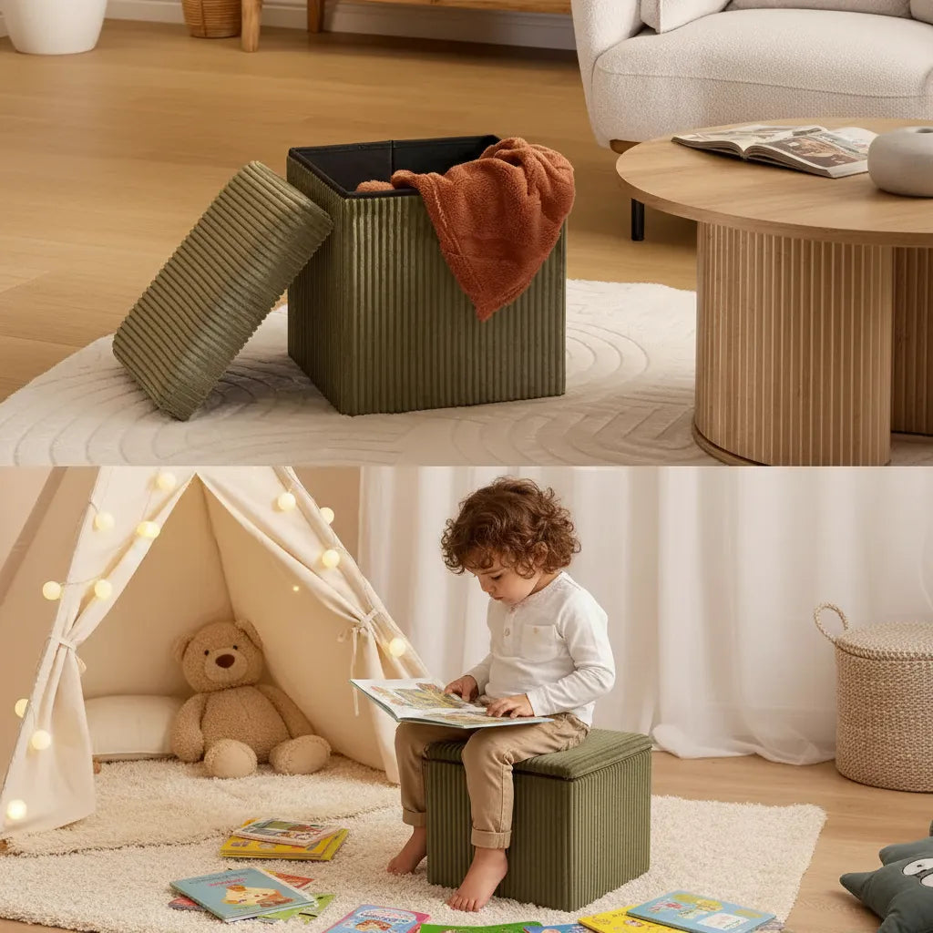 Puff Baúl Organizador Plegable De Tela Corderoy